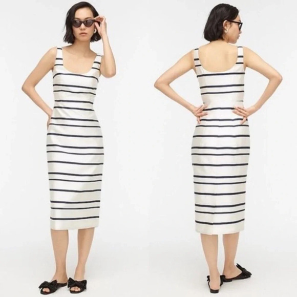 New J Crew Jacquard Stripe Midi Dress Scoop Neck Sz 0 Navy & Ivory Ak231 Women’s - Picture 1 of 15